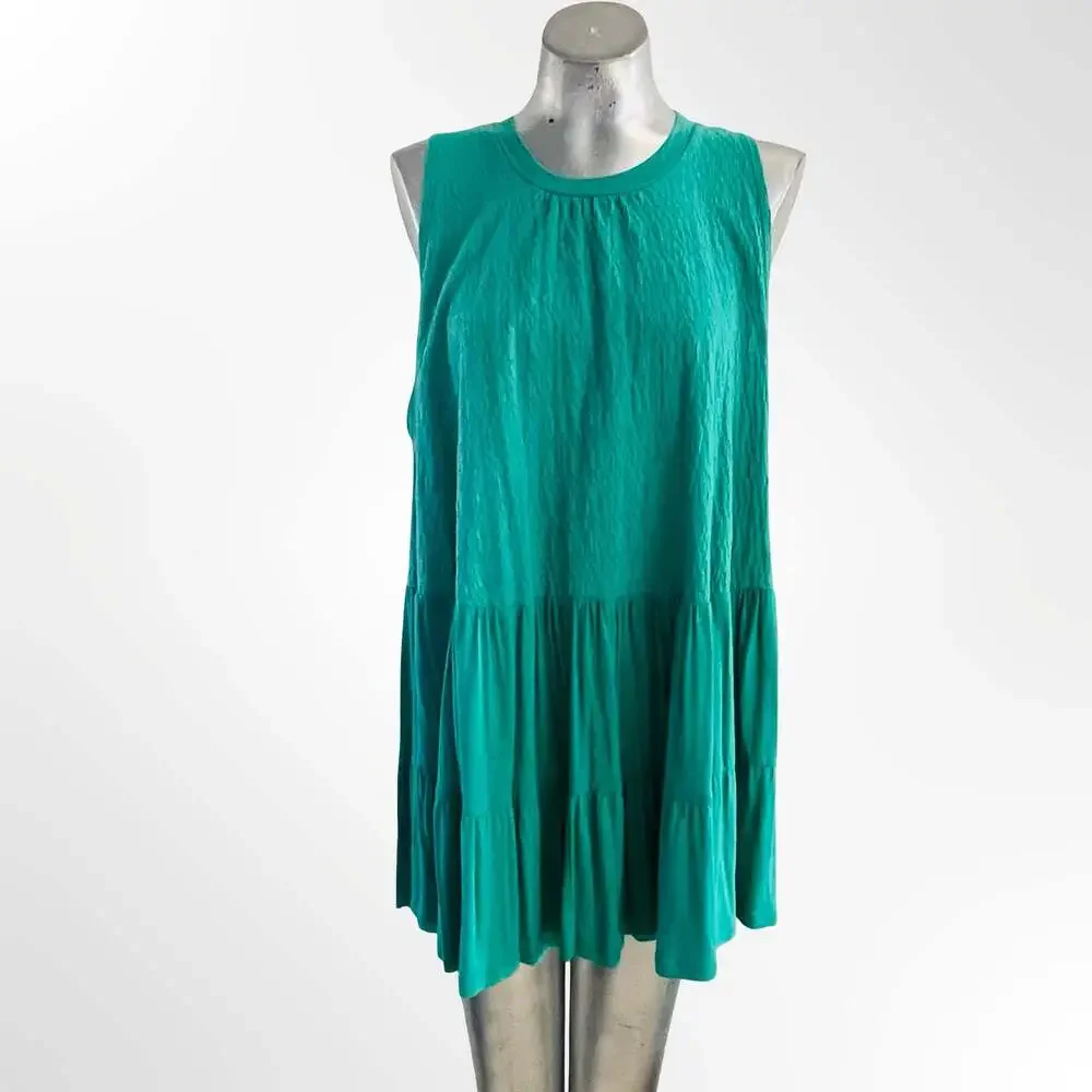 Free People Right on Time Green Sleeveless Tiered Tunic Tank Top Size L
